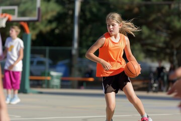 Obraz premium girl dribbling ball on outdoor court