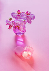 lip balm with orchid in glass vase on pink background