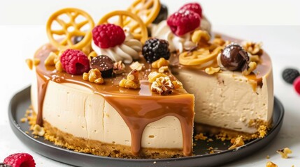 close up vegan cheesecake with berries 