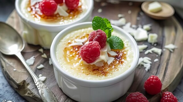 Close up picture of  white chocolate creme brulee, with decoration raspberry and white chocolate on it