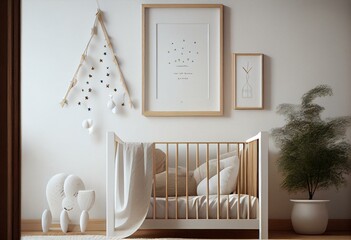 Mock up poster frame in children room, nursery room with wooden crib for kids with white ceramic stars, close-up, white wall, scandinavian style. Generative AI