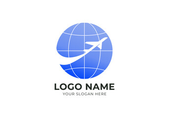 logo plane fly and globe. Earh and airplane logo design. Modern and minimalist logo design. Editable color