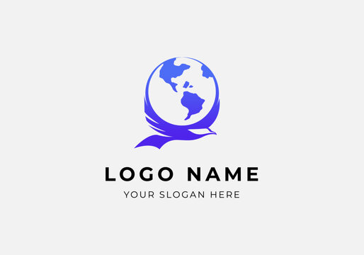 logo eagle fly bring earth globe on wings. Logo eagle and earth globe concept. Modern minimalist logo design. Editable color