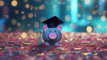Piggy Bank with Black Graduation Hat with coins AI generative