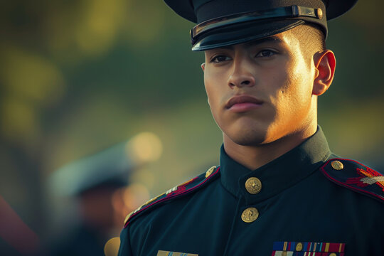 A Latino Marine, in full dress uniform, participating in a ceremonial event, highlighting the honor and tradition in the service.