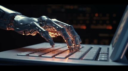 Robot hands over laptop keyboard AI generative