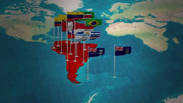 world map with flags.South America Map and  Flying Flag.