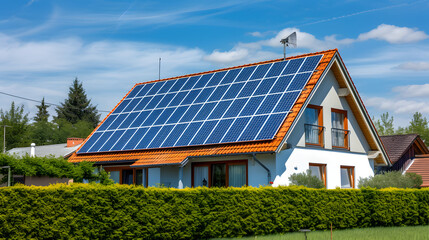 Fototapeta premium Hermosa casa con paneles solares en el techo, Sostenibilidad Renovable innovador