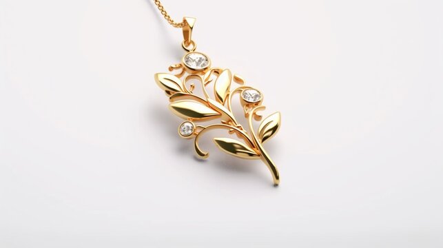 Simple gold jewelry pendant flowers leaves white AI generative