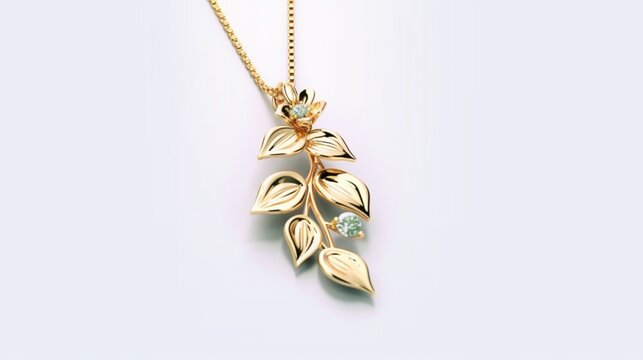 Simple gold jewelry pendant flowers leaves white AI generative