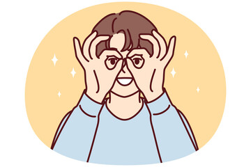 Young woman puts hands to face imitating invisible binoculars to look at object in distance. Funny girl looks at display using fingers instead of carnival mask. Flat vector illustration