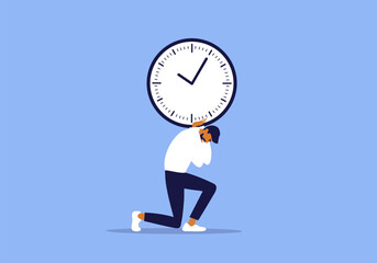 Man carrying huge heavy clock on shoulders. Time pressure, work deadline, overworked. Businessman office hardwork. Tired male person holds time burden on back. Overload, burnout vector illustration