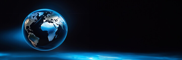 Fototapeta premium nightly Earth planet in outer space. City lights on planet. Earth day concept. Life of people. Solar system. Panoramic view of the Earth. Sunrise over planet Earth, view from space. Banner copy space