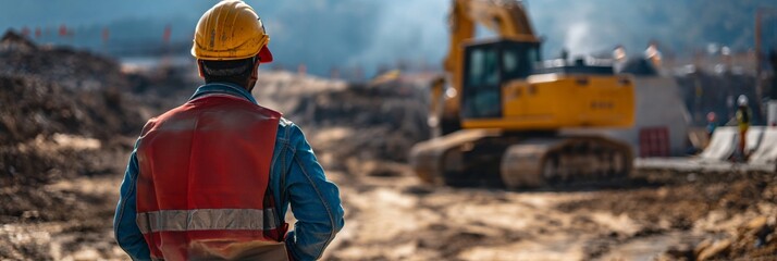 Сonstruction site manager standing wearing safety vest and helmet at construction site. Worker or architect outdoors during work. Background for the presentation. Space for text.