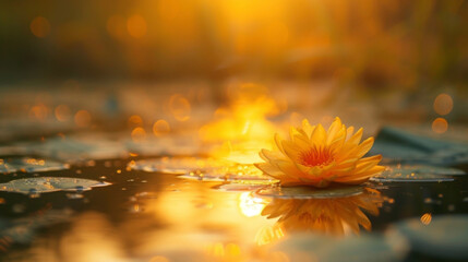 A shallow pond mirroring the vibrant oranges and yellows of the sunset with a lone flower floating peacefully on the surface.