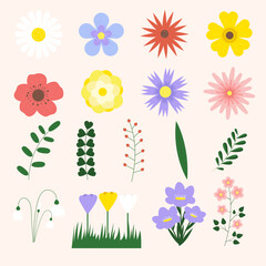 Flower collection spring flat. Set of minimalistic florars. Vector illustration - obrazy, fototapety, plakaty