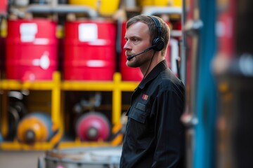warehouse manager with a headset by oil barrels