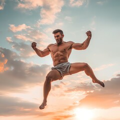 Muscular man jumping high