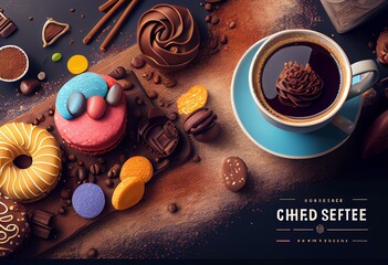 Coffee and sweets flat design style banner. Generative AI