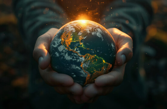 Manos sosteniendo una bola del mundo presentando América del norte y del sur con un sol poniéndose en su parte superior central