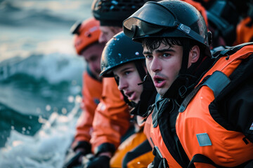 A Coast Guard team, including members of different ethnicities, engaged in a rescue drill at sea, displaying bravery and diversity. - obrazy, fototapety, plakaty