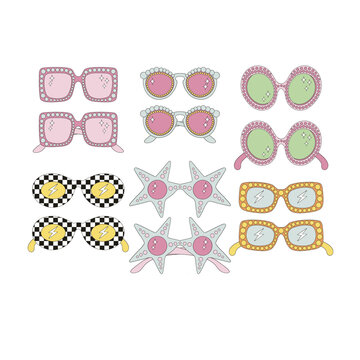 Groovy disco retro sunglasses vector illustration set isolated on white. 60s 70s 80s retro party fashion shades eyewear print collection.