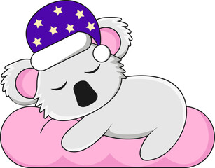 Koala character cartoon. A cartoon koala sleeps on a cloud in a cap with stars. Vector illustration
