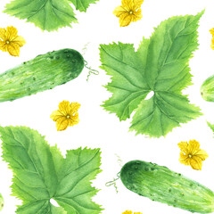 Watercolor seamless repeat pattern with green vegetable cucumber with leaf and flowers. Hand drawn watercolor illustration isolated on white background. For wrapping wallpaper fabric textile