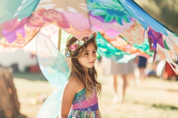 girl in a fairy costume standing under a large piata at a themed party