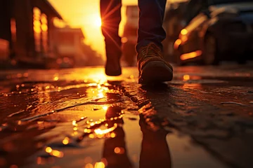 Gordijnen Man walking in rain puddle at sunset, closeup of legs © Anayat