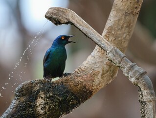 The Cape starling (Lamprotornis nitens) enjoing a bath in the  water.