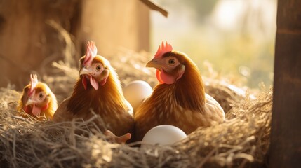 Fototapeta premium Chickens lay eggs in the coop on the farm at sunset. Poultry farming in rural areas.