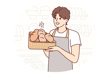 Man baker holds tray of hot bread prepared for customers of family store or large supermarket. Guy in apron works in bakery stands with freshly baked baguettes. Flat vector illustration