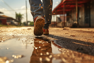 Man walking in rain puddle at sunset, closeup of legs - obrazy, fototapety, plakaty