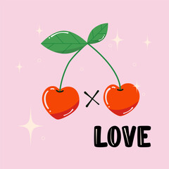 Happy valentine's day card. Modern abstract art design with hearts. Vector cherries in groovy style. 90's,80's, 70's. Templates for celebration, ads, branding, banner, cover, label, poster, sales	

