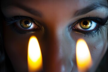 closeup of psychics eyes with candlelight reflected - obrazy, fototapety, plakaty