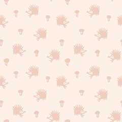 Hand drawn seamless pattern with cute beige hedgehods for nursery kids children. Pastel wood woodland forest animals print in light colors, funny wildlife wrapping fabric, baby background art.