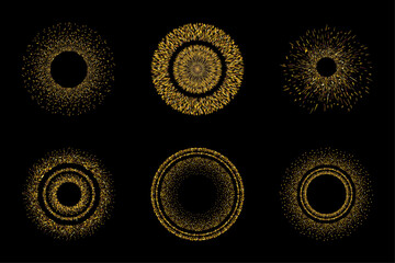 Illustrated in vector format, grunge golden particles form circular motion sparkles in round shape.