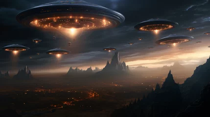 Gordijnen Flying saucers of aliens from alien civilizations. © Anas