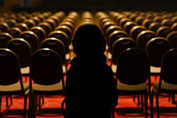 silhouette of a person against row upon row of unoccupied chairs