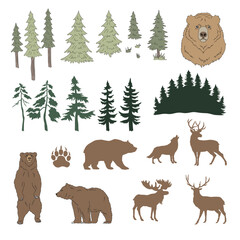 Retro earthy colours wild nature evergreen trees forest animals vector illustration set isolated on white. Pine spruce fir tree brown bear grizzly reindeer wolf elk print collection. Happy camper