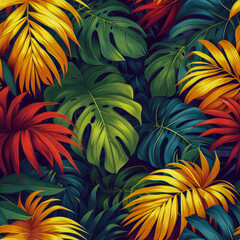 Fototapeta premium Leaves tropical rainforest, as frameless background, ai generated