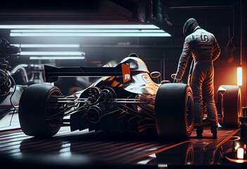preparing car for start in formula one racing competitions, generative ai - obrazy, fototapety, plakaty