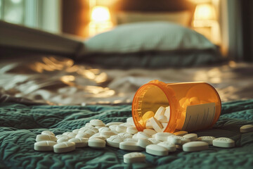 Empty pill bottle with pills scattered in a bedroom, representing the reliance on medication due to inadequate access to therapy and support