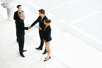 Fototapeta premium Business people, shaking hands and thank you for welcome in introduction, hello and opportunity. Partnership, onboarding and coworkers in agreement, top view and promotion in office or collaboration