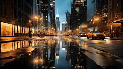 City street at night with a reflective puddle in the middle, showcasing urban surroundings and nighttime ambiance.. Generative AI.