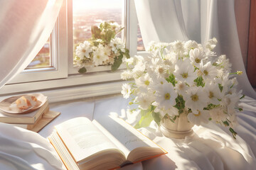 reading a favorite book on the windowsill. flowers and a book on a sunny spring day. illustration for a children's book. Generative Ai 