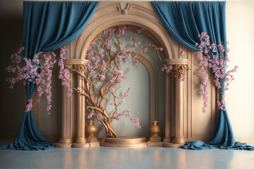 Beautiful interior of the room with blue curtains and flowers