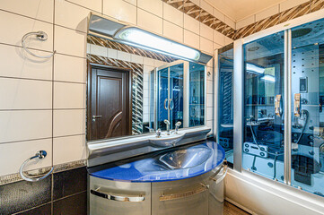 interior apartment room bathroom, sink, decorative elements, toilet. WC, sanitary unit, wash room