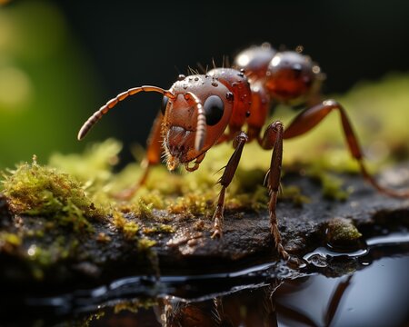Illustration of a warlike ant on a blurred background.